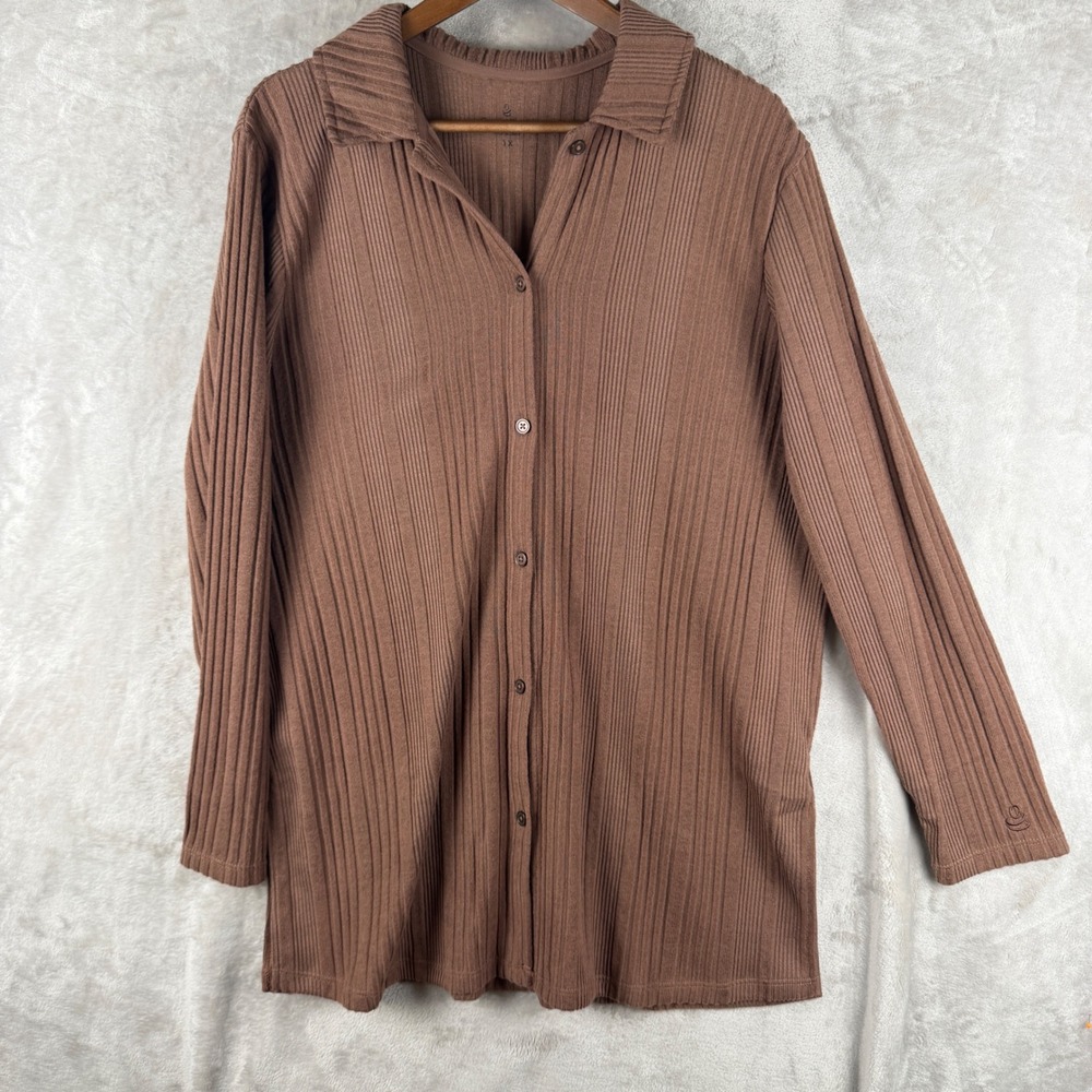 Cuddl‎ Duds Brown Ribbed Knit Button Down Cardigan Top Womens 1X Long Sleeve